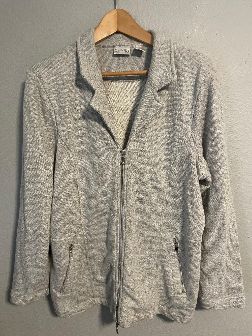 Chicos Womens Blazer Jacket Size 3 US XL Gray Full Zip Cotton Modern Casual